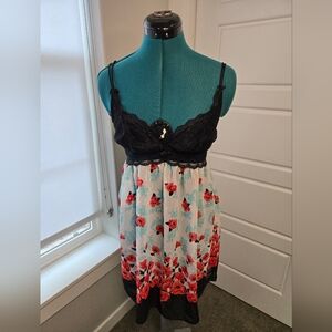 NK IMODE CHEMISE LINGERIE SLIP DRESS BLACK LACE RED POPPY FLOWERS WOMEN MEDIUM